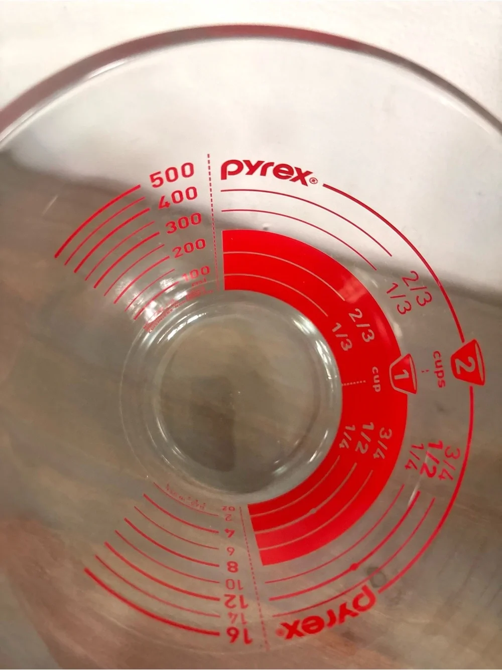 Vintage Pyrex 2 Cup Reverse/ Inverted Print Read Red Letter Measuring Cup